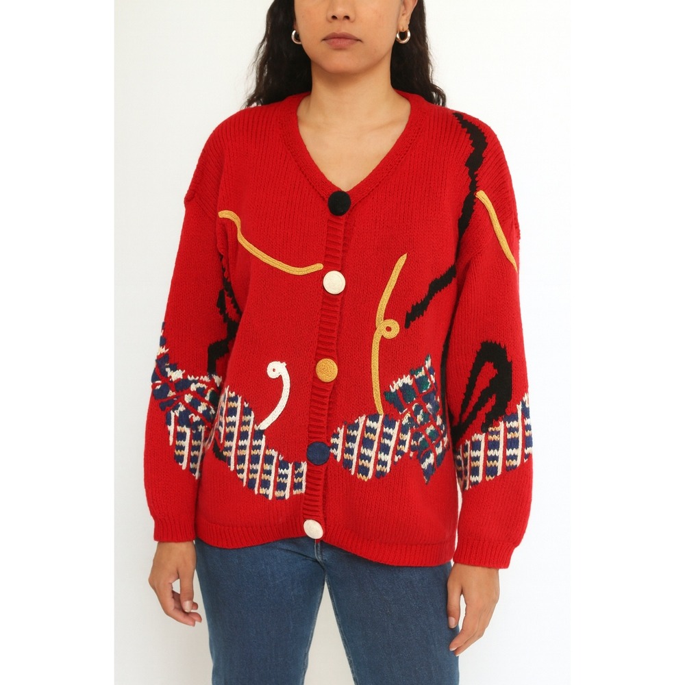 Bugle Boy Classics‎ Red Novelty Knit Cardigan Colorful Gift Sweater Mesium